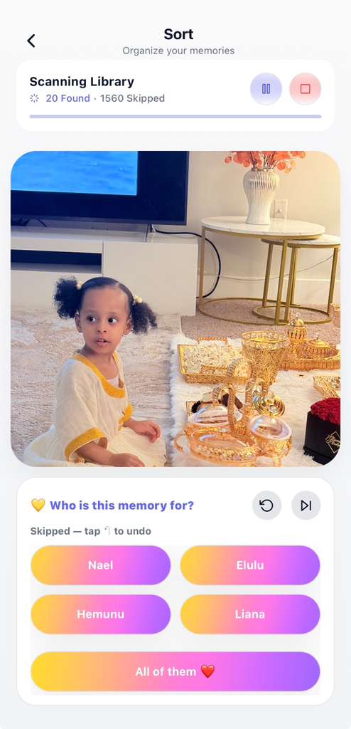 SiblingSync organize import photos screen