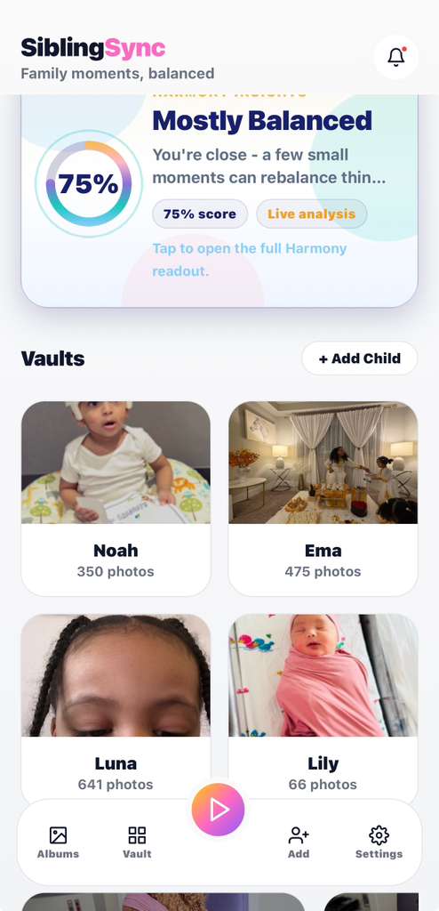 SiblingSync vaults overview screen